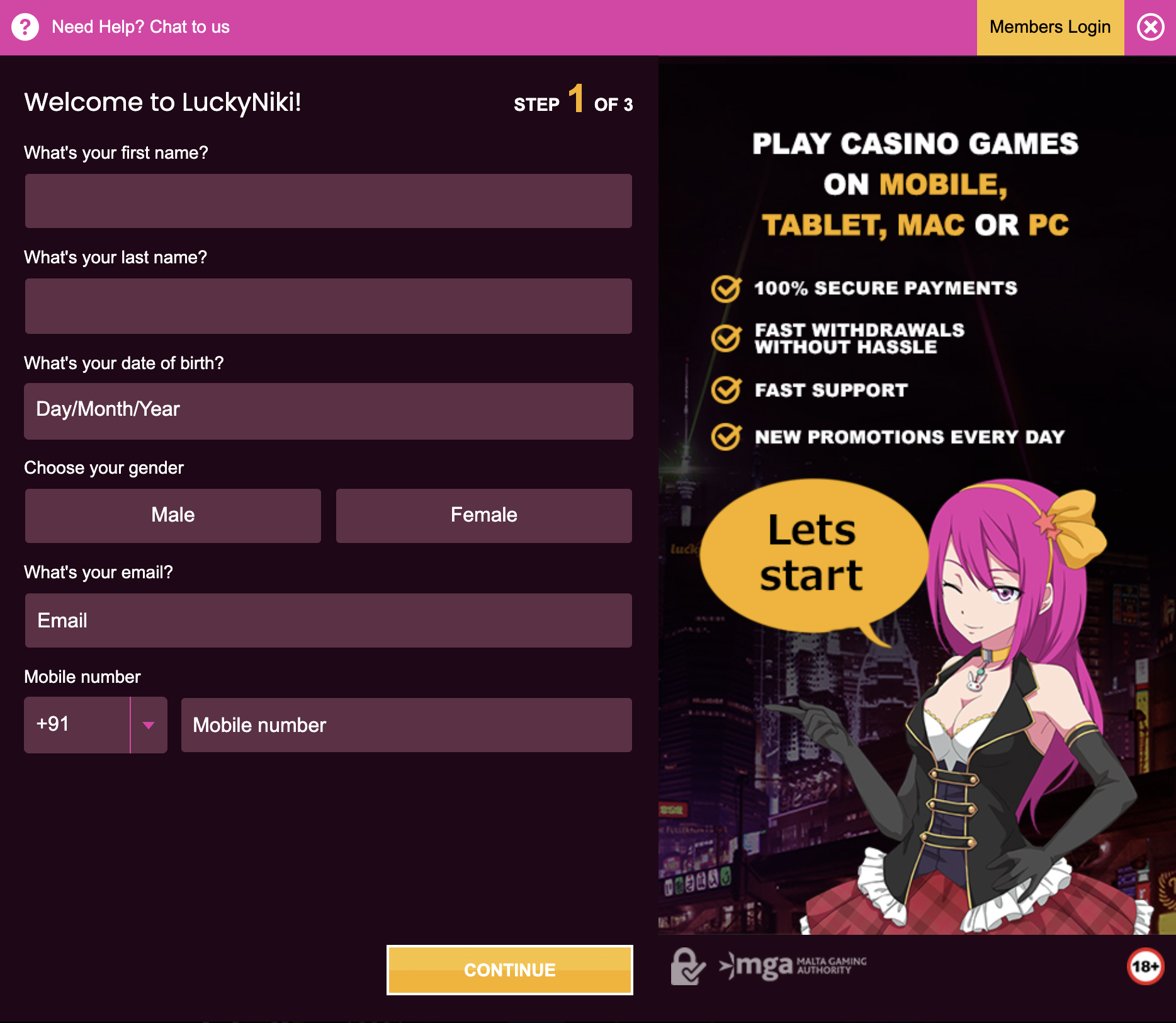 Lucky Niki Sign Up 1