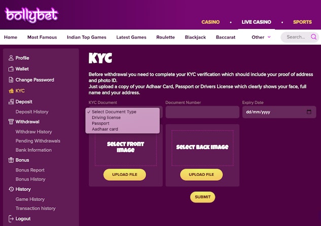 Bollybet casino KYC documents