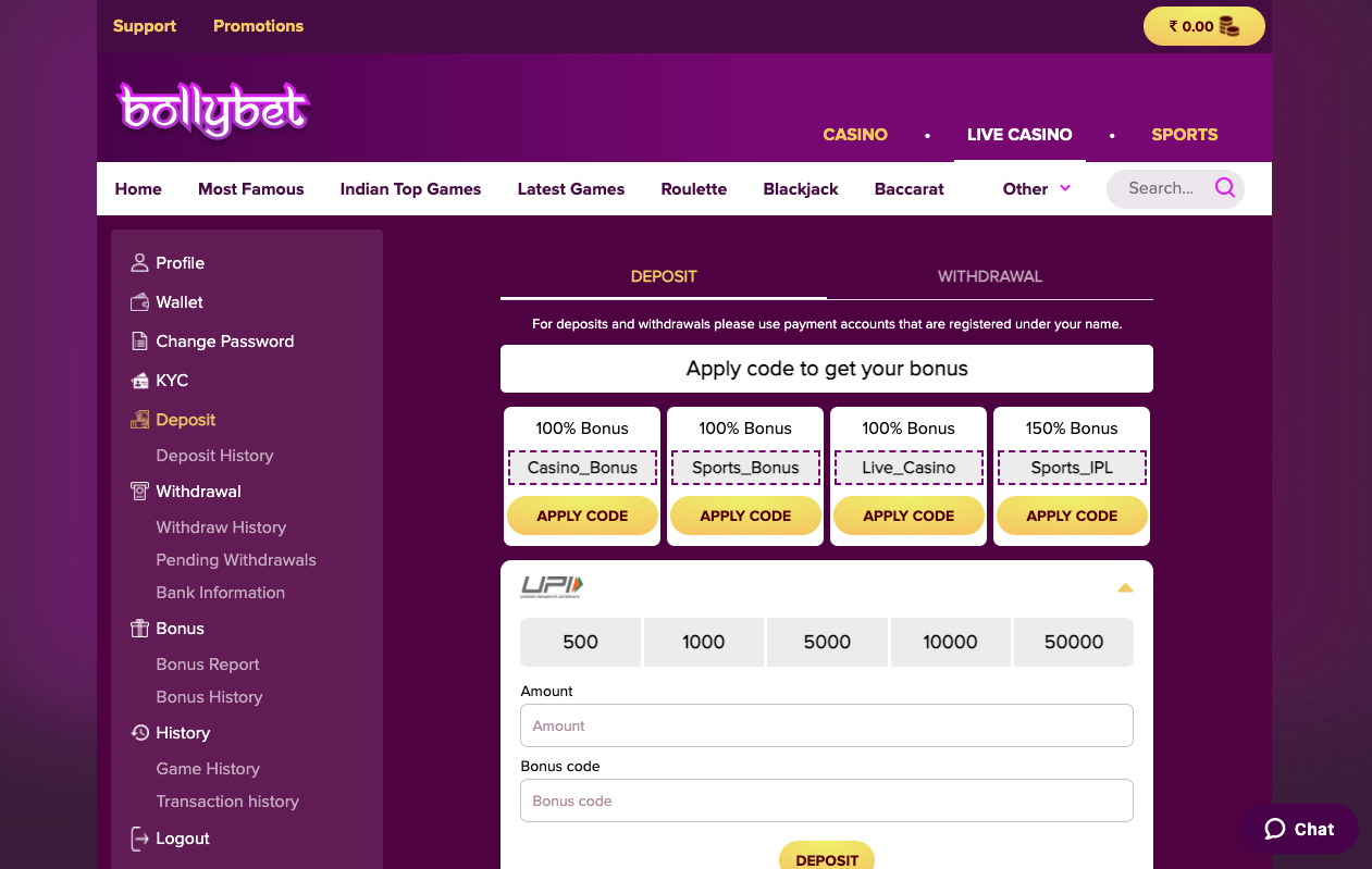 Bollybet casino deposit page