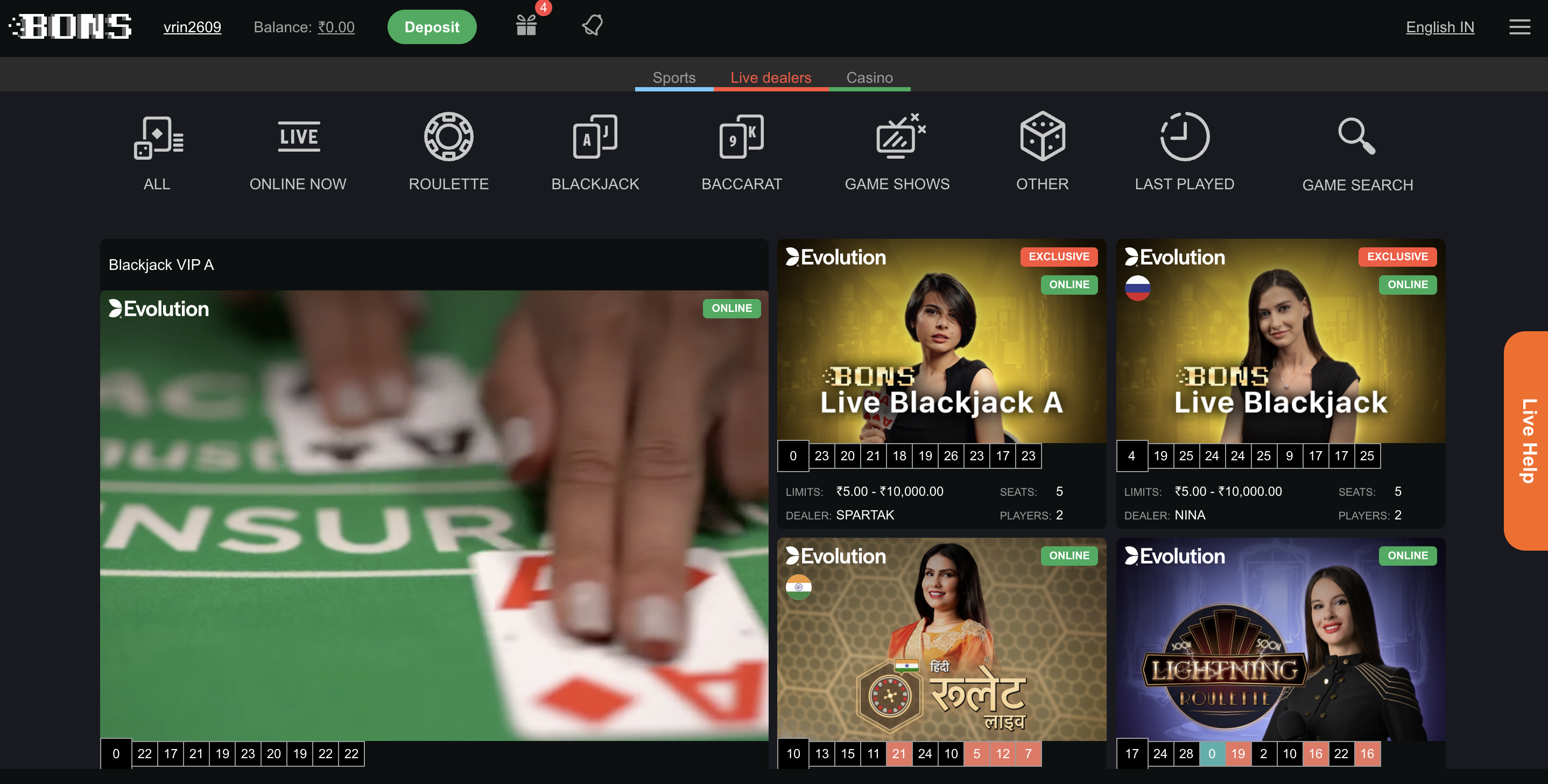 Bons live casino