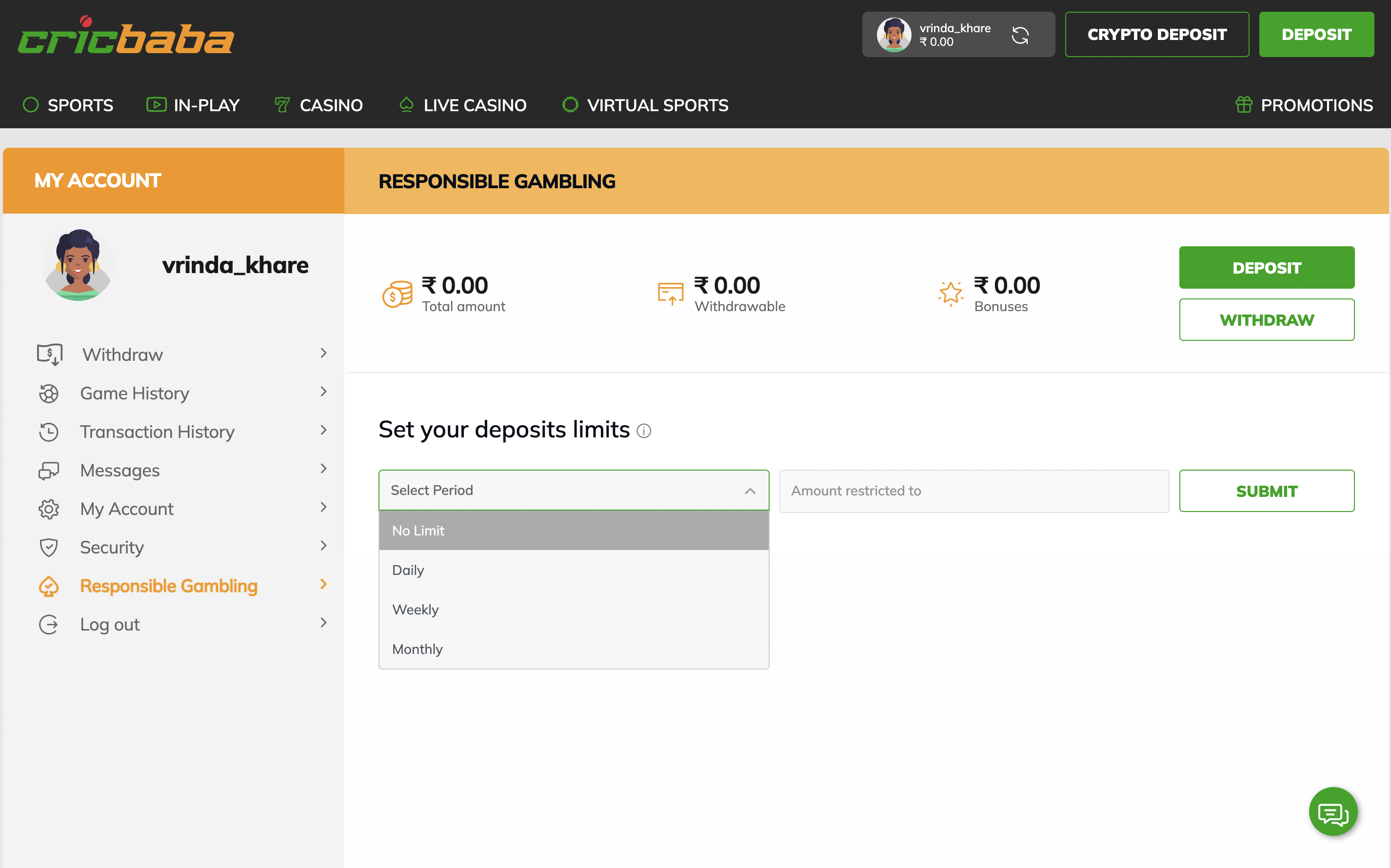 Cricbaba deposit limits