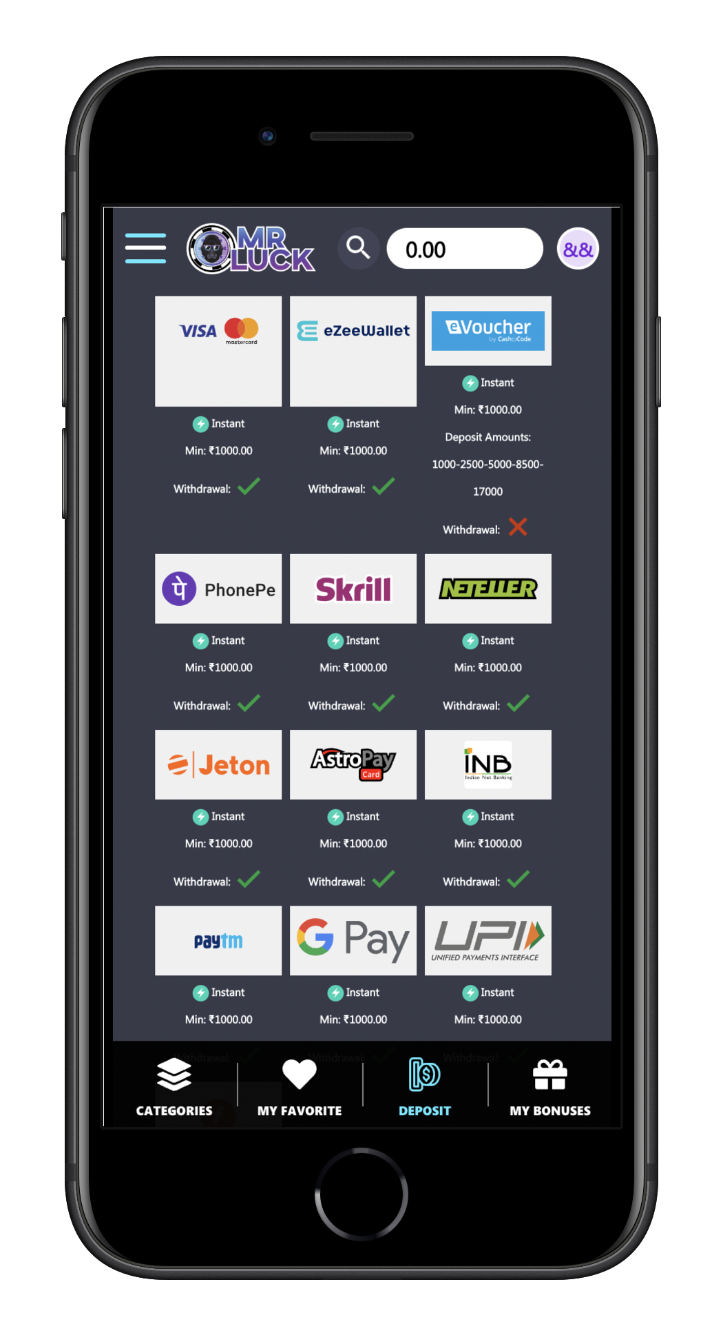 Mr luck deposit methods