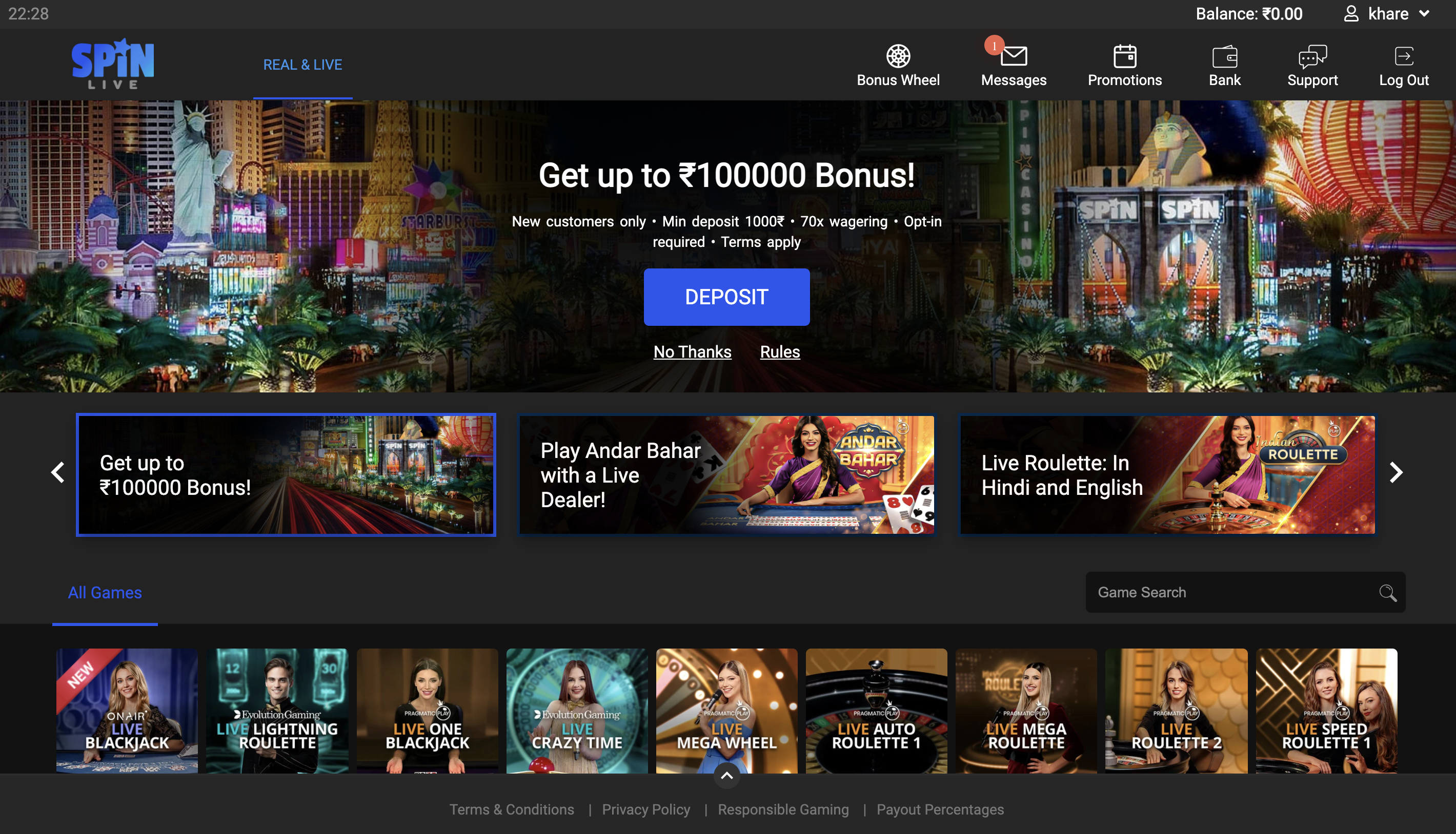 Spin casino homepage